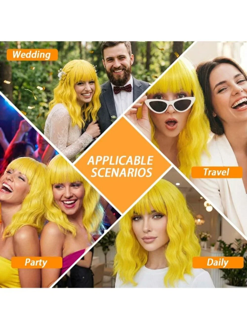 Women's Yellow 14 Inch Short Shoulder Length Synthetic Bangs Wavy Bob Wig